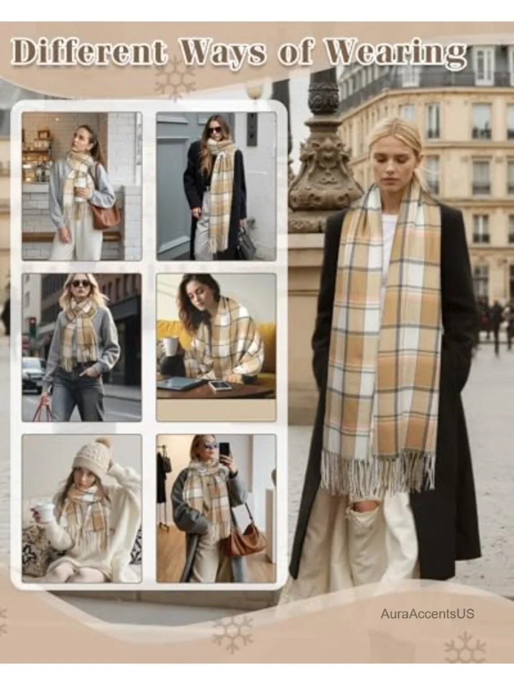 Warm Plaid Winter Scarf for Women, Cashmere-Like Acrylic Wrap Shawl